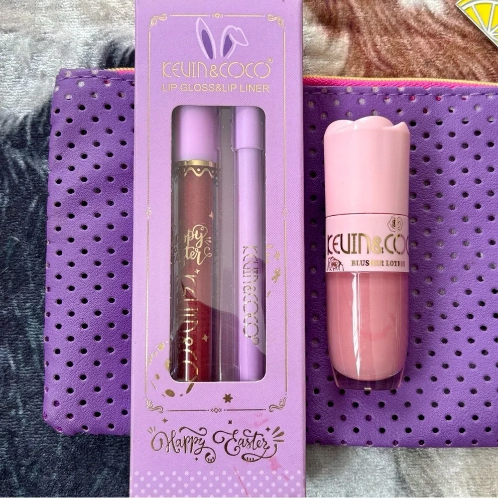 Brand New KEVIN & COCO Blusher Lotion Peach Lotus & Red Lip Gloss Lip Liner Set